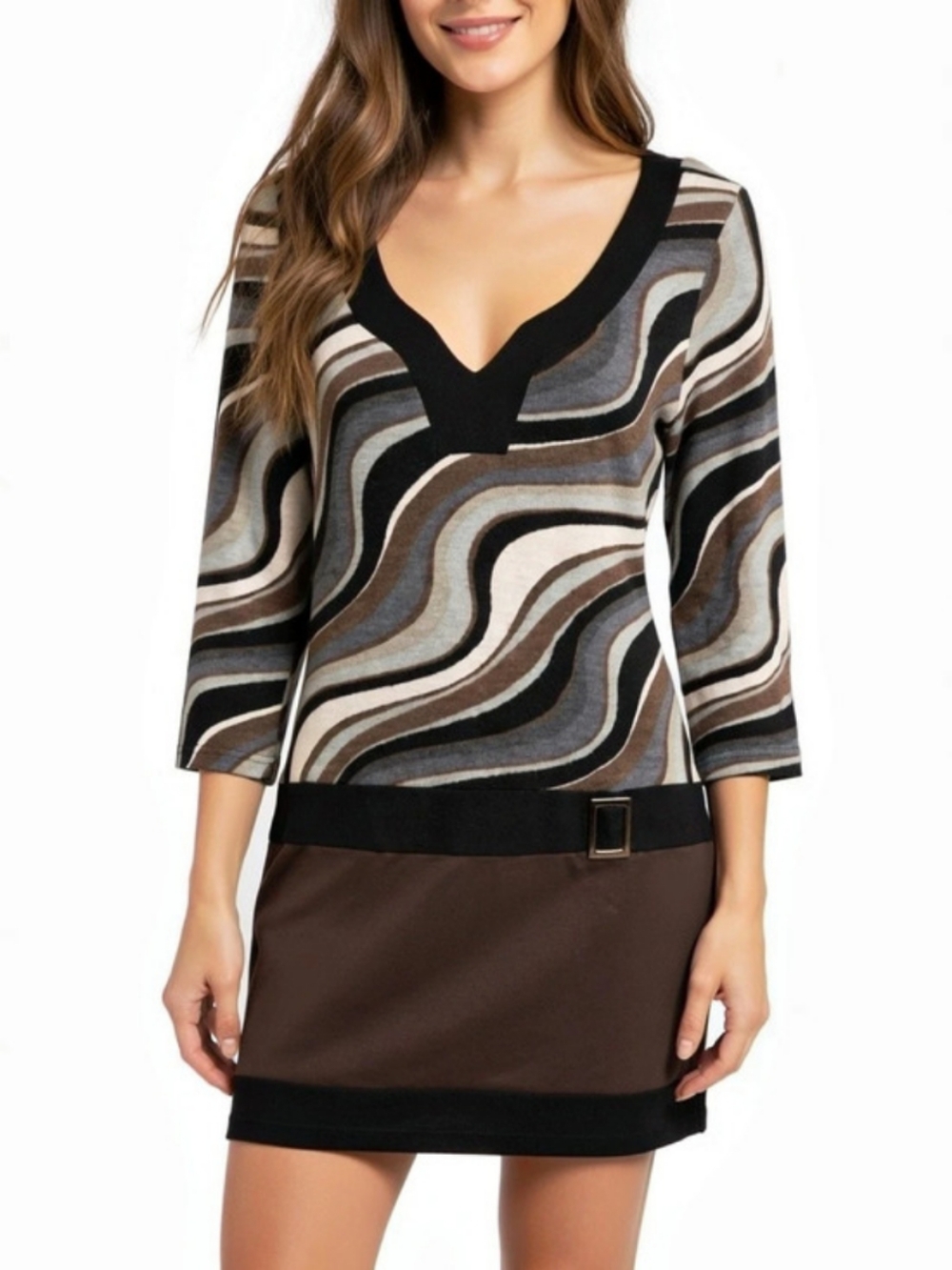 Vintage Y2K Abstract Swirl V-Neck Mini Dress in Brown, Cream & Black Size XL